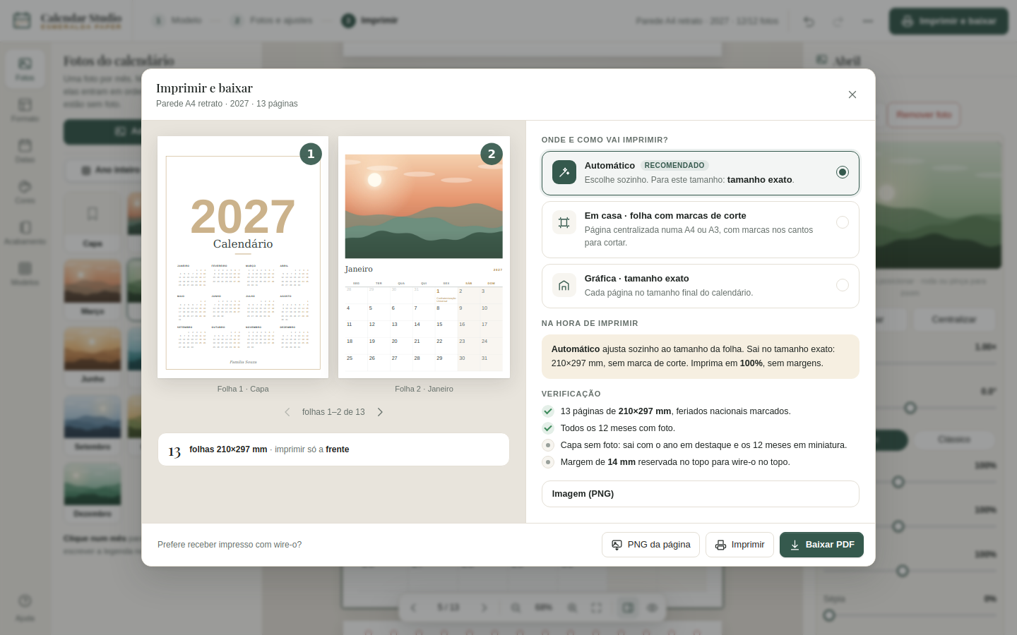 Janela Imprimir e baixar do Calendar Studio com a prévia das folhas e a verificação