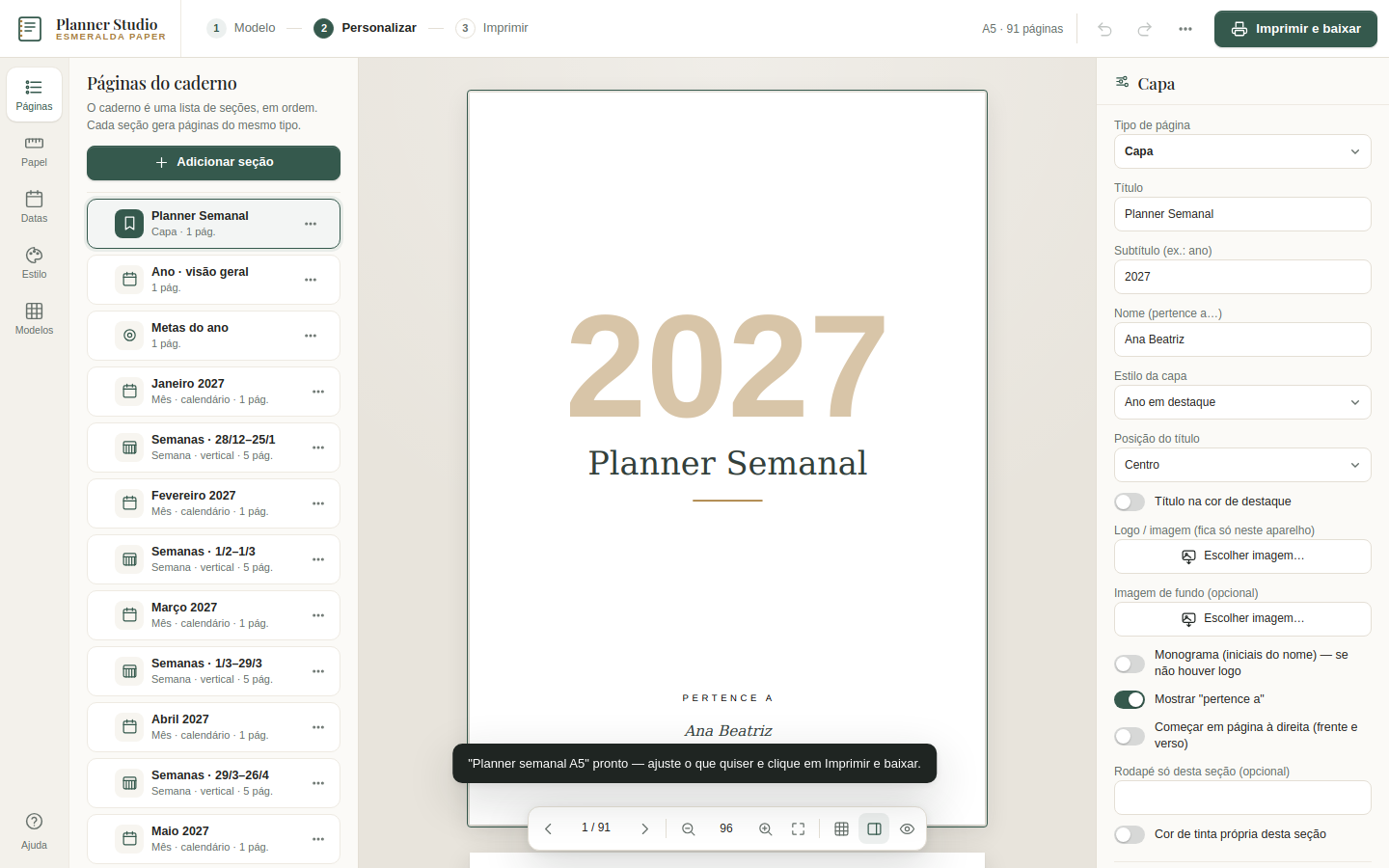 Capa de planner com logo circular próprio, título numa faixa e nome do dono