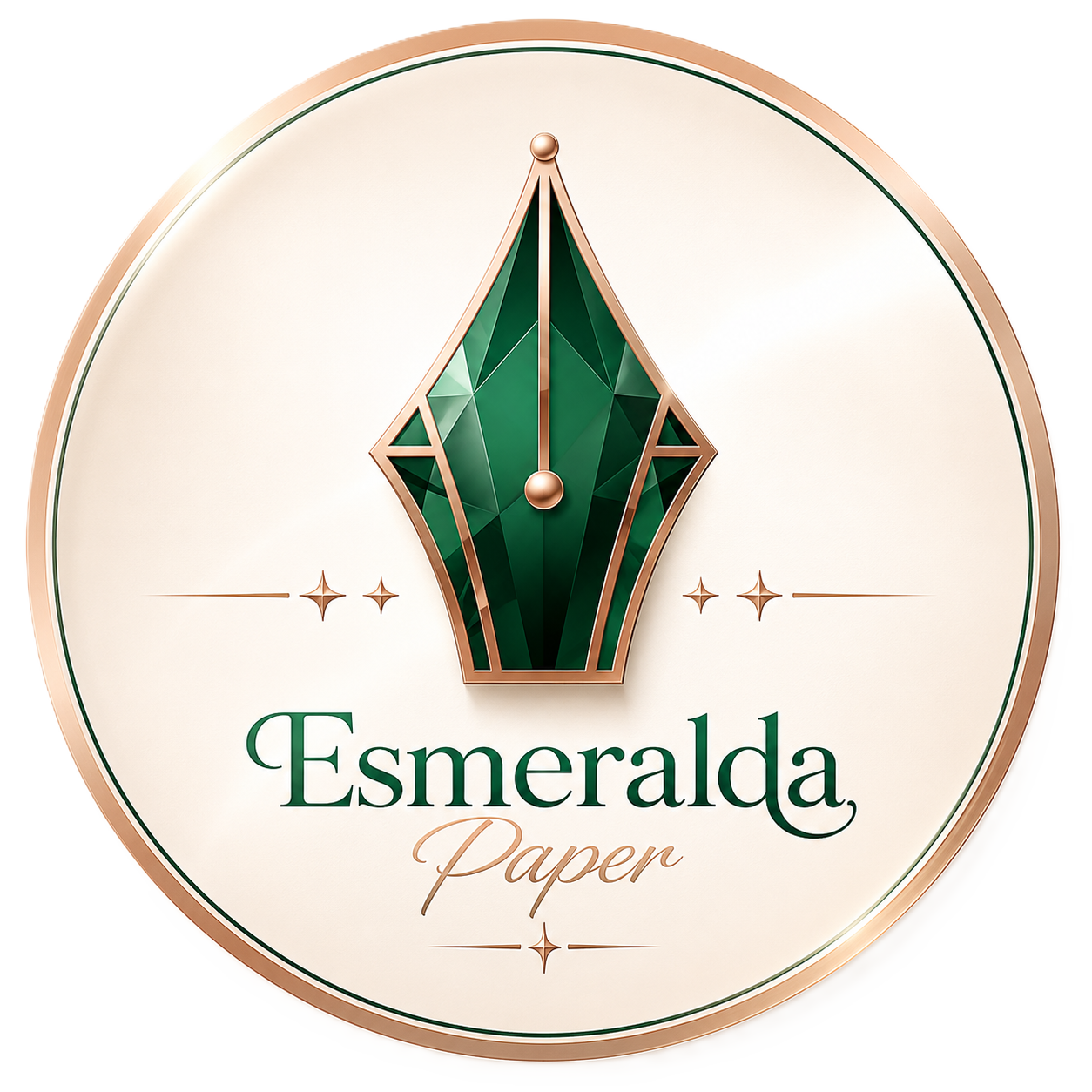 Logotipo Esmeralda Paper: pena de tinteiro em esmeralda e dourado